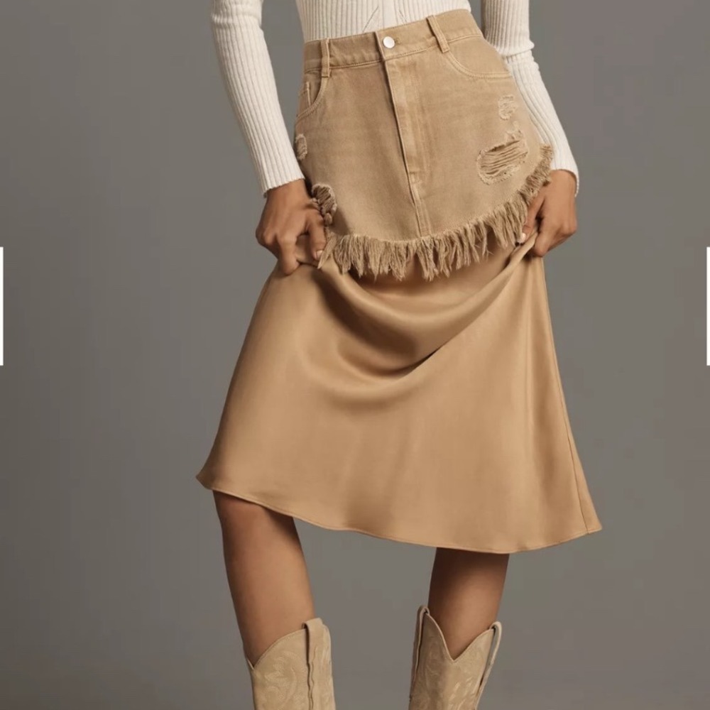 Pilcro Anthropologie Twofer Slip midi Denim Skirt Tan Distressed Frayed Size 10